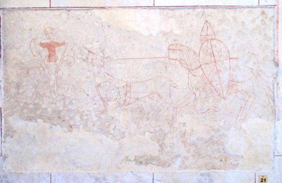 Ris. Eglise Ste-Croix : peinture représentant le Cavalier au cerf (photo F. Chommy. Grahlf)