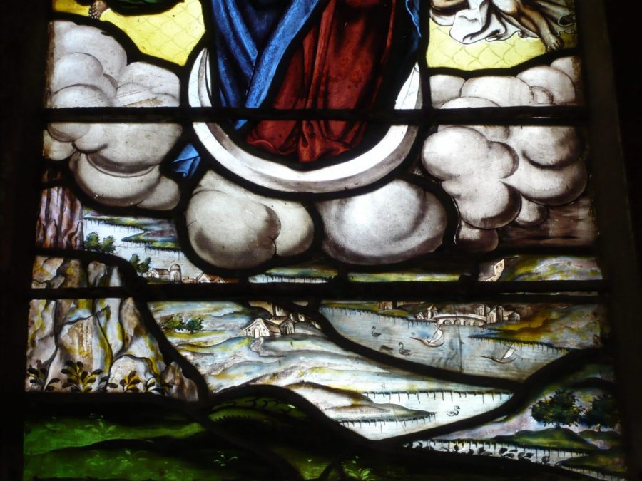 La chapelle du château de La Barge : détail d'un vitrail de la vie de la Vierge (photo F. Robert)