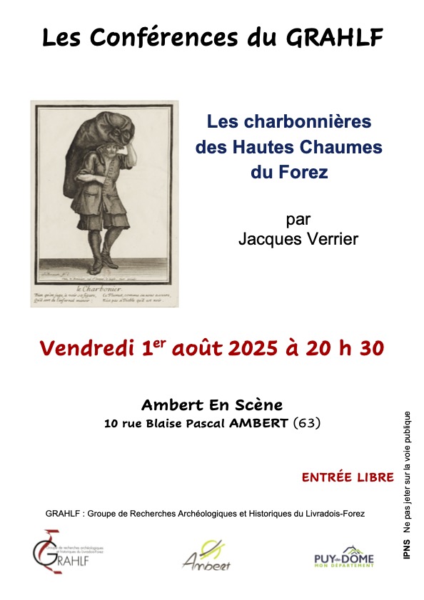 Conférence "Les charbonnières sur les Hautes Chaumes du Forez" le vendredi 1er août 2025, Ambert en Scène, 10 rue Blaise Pascal à Ambert